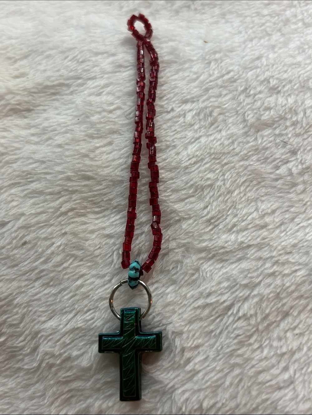 Handmade Red Beaded Necklace with Green Cross Pendant